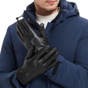 Men's Black Leather Full Finger Touchscreen  Fleece Lining Winter Warm Gloves